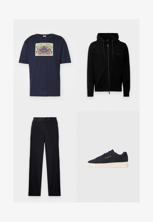 Zwarte zip-up hoodie gemaakt van een katoenmix. Heeft een capuchon, trekkoorden en een klein logo op de linkerborst. Soepele textuur, ribbelboorden.; Navyblauwe katoenen t-shirt met een rechthoekige graphic met een wapen en de tekst "BALLY of SWITZERLAND" in beige, rood en blauw.; Zwarte broek van een lichtgewicht, gestructureerde stof, met een recht model, elastische Tailleband en zijzakken met rits.; Navyblauwe suède lage sneakers met een witte zool, navy veters en het 'Filling Pieces' logo in goud op de zijkant.