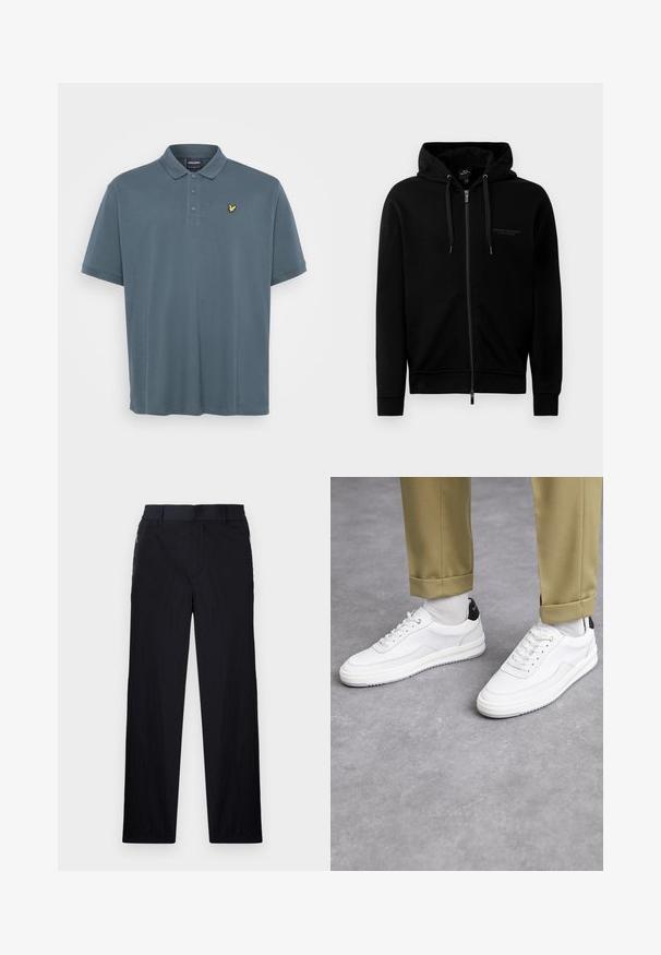 Zwarte zip-up hoodie gemaakt van een katoenmix. Heeft een capuchon, trekkoorden en een klein logo op de linkerborst. Soepele textuur, ribbelboorden.; Donkergrijze polo met een zachte katoenen stof. Heeft een klassieke kraag, een placket met drie knopen, en een geel geborduurd logo op de borst.; Zwarte broek van een lichtgewicht, gestructureerde stof, met een recht model, elastische Tailleband en zijzakken met rits.; Witte sneakers met een textuur van leerafwerkingen, een ronde neus en een zwarte hielaccent. Rubberen zool met een klein profiel en gestikte details.