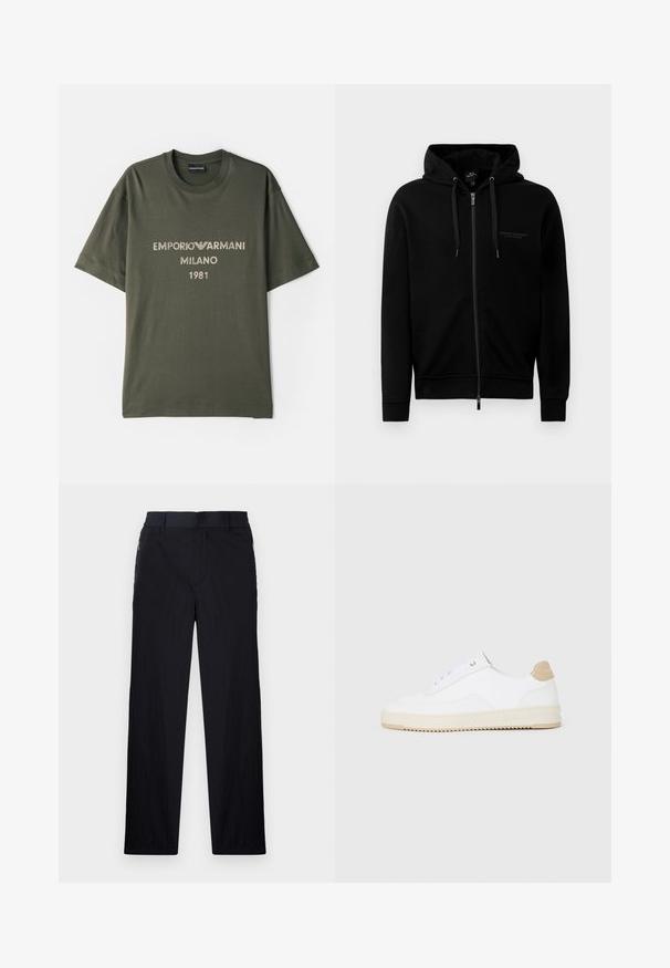 Cazaco preto com fecho éclair feito de uma mistura de algodão. Apresenta um capuz, cordões de aperto e um pequeno logótipo no lado esquerdo do peito. Textura suave, punhos canelados.; T-shirt de algodão verde-oliva com mangas curtas, apresentando o logótipo "EMPORIO ARMANI MILANO" e "1981" em fonte clara contrastante.; Calças pretas com um tecido leve e texturizado, design de pernas retas, cintura elástica e bolsos laterais com fecho.; Sapatilhas brancas de cano baixo com parte superior em couro texturizado, sola cream estriada e detalhe em tan no calcanhar. Apresenta atacadores brancos e detalhe do logótipo no calcanhar.