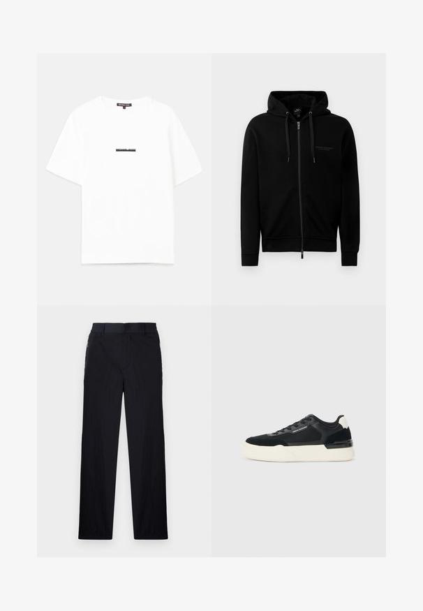Svart hettegenser med glidelås laget av bomullsblanding. Den har hette, snor og en liten logo på venstre bryst. Glatt tekstur, ribbete mansjetter.; Hvit bomulls t-skjorte med en avslappet passform, med korte ermer og en svart "MICHAEL KORS" logo trykt over midten.; Sorte bukser med lett og teksturert stoff, rett ben-design, elastisk midjebånd og sidelommer med glidelås.; Svart sneaker laget av mesh og lær, med en tykk hvit såle og kontrasterende detaljer. Lissene og logoen er detaljer på siden.