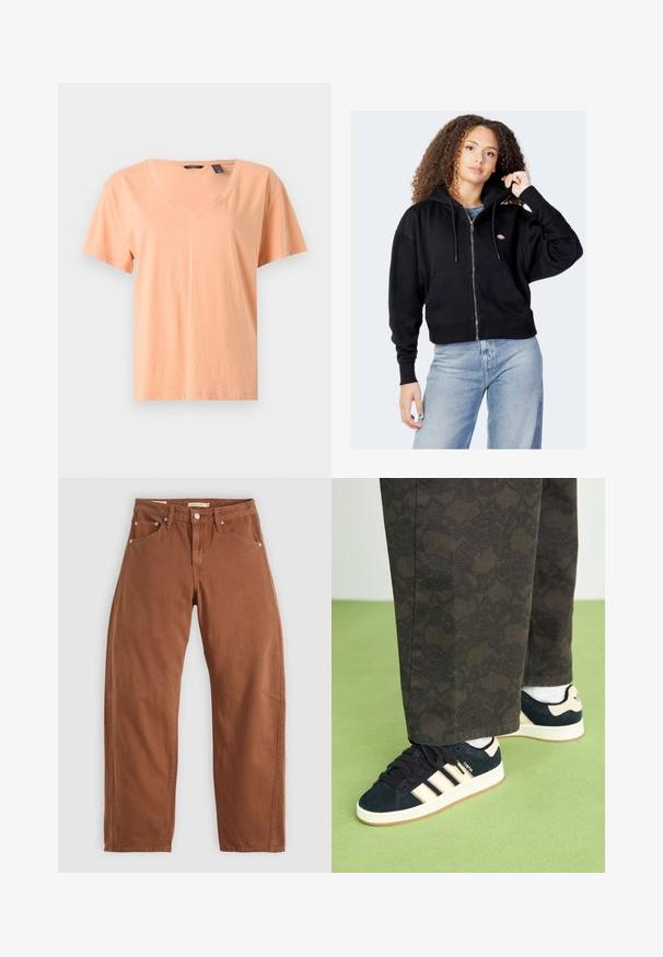 Črna skrajšana zip-up kapuca iz bombaža z sprednjim žepom, kapuco na vrvico in majhnim logotipom na prsih. V kombinaciji s svetlo modrimi kavbojkami.; Majica s kratkimi rokavi in V-izrezom v svetlo breskovem odtenku, izdelana iz mehkega bombažnega materiala. Ima sproščen kroj in subtilno šivanje ob robu.; Rjavi rjavi ravni hlače z zadrgo in zankami za pas, z zadnjimi in sprednjimi žepi ter kovinskimi zakovicami, razpolagane na beli podlagi.; Črne in vzorčaste hlače v kombinaciji z mornarsko modrimi semiš teniskami z medeni črtami in belimi podplati. Površine so prikazane kot teksturirane in ravne.