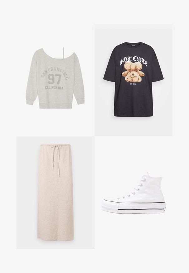 Even&Odd Pusa - mottled light grey; Musthave musta t-särk, millel on karu graafika ja tekst "EI NII NÄDALA, KUID MÄRG" paksult valgete tähtedega. Puuvillane materjal.; Heledad beež maxi seelik, mis on valmistatud tekstuuriga, mustrilisest kangast. Omab elastset vöökohta koos kohandatava paelaga.; Valge kõrgem kangast tenniseking, millel on must kummist tald, ees kummist varvasetugi ja kuus aukku paelte jaoks, pakkudes puhta ja minimalistliku disaini.