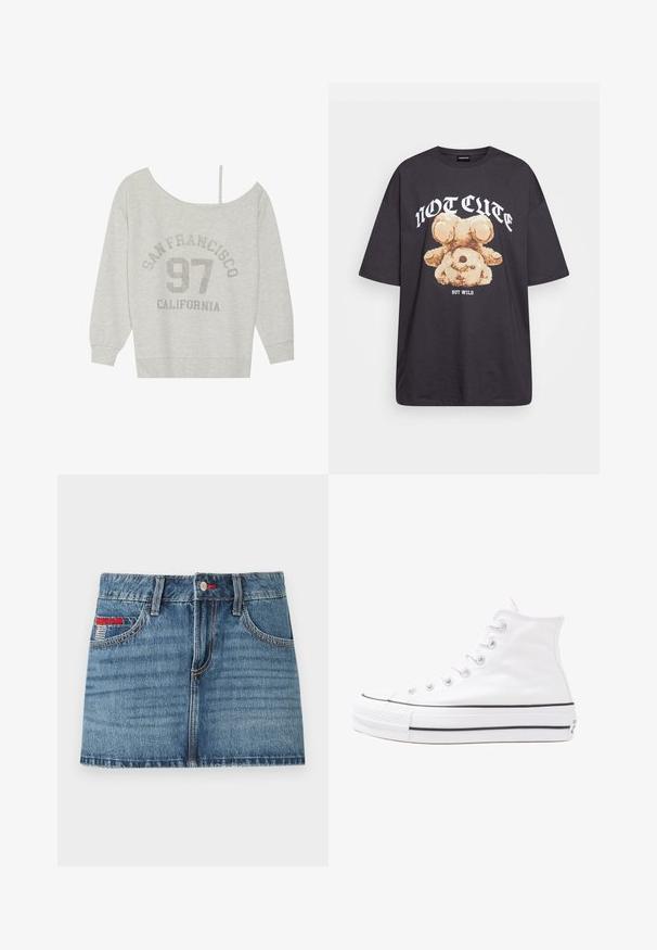 Even&Odd Sweatshirt - mottled light grey; Svart oversized t-skjorte med en grafikk av en bjørn og teksten "IKKE SØT, MEN VILL" i fet, hvit skrift. Laget av bomull.; Denim miniskjørt i middels blå med falmet tekstur, fem lommer og røde sømdetaljer. Har knappelukking og beltehemper.; Hvit høy-skinn kanvas sneakers med svart gummisåle, gummitåhette foran og seks hull for snorer, med et rent, minimalistisk design.