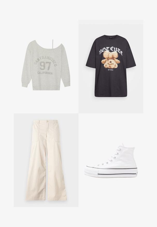 Even&Odd Sweatshirt - mottled light grey; Svart oversized t-shirt med en grafik av en björn och texten "INTE SÖT MEN VILD" i fet, vit lettering. Tillverkad av bomull.; Beige vida byxor med knäppning, elastisk midja och två sidofickor. Slät bomullstyg med en mjuk textur.; Vit hög topp canvas sneaker med svart gummisulan, framsidan gummitåhätta och sex öglor för snören, med en ren, minimalistisk design.