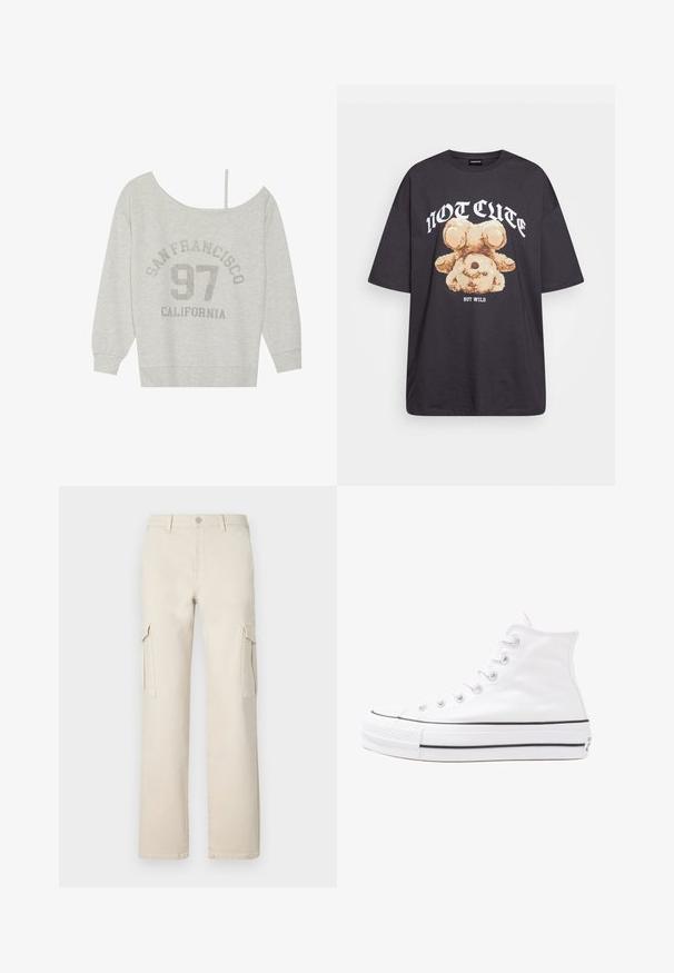 Even&Odd Felpa - mottled light grey; T-shirt nera oversize con una grafica di un orso e la scritta "NON CARINA MA SELVAGGIA" in grassetto, lettere bianche. Materiale in cotone.; Pantaloni cargo beige a gamba larga realizzati in cotone, con due tasche laterali e chiusura con bottone. Caratterizzati da un design pulito e silhouette dritta.; Sneaker alta in tela bianca con suola in gomma nera, punta in gomma frontale e sei asole per i lacci, caratterizzata da un design pulito e minimalista.