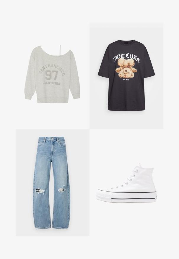 Even&Odd Sweatshirt - mottled light grey; Black oversized t-shirt featuring a graphic of a bear with the text “NOT CUTE BUT WILD” in bold, white lettering. Cotton material.; Light blue, high-waisted jeans made of denim. Feature wide legs, two torn knee areas, and classic five-pocket styling.; White high-top canvas sneaker with black rubber sole, front rubber toe cap, and six eyelets for laces, featuring a clean, minimalist design.