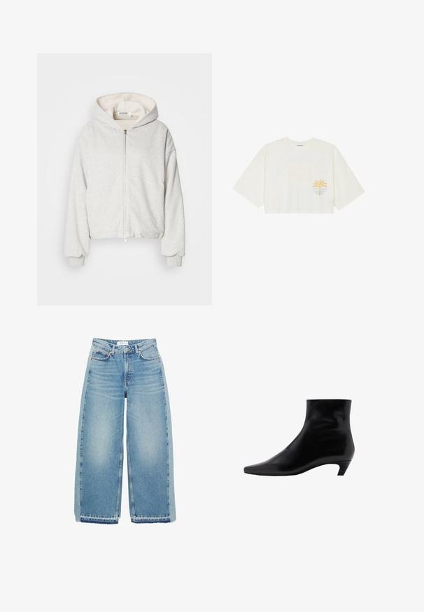 Světle šedá mikina s kapucí, vyrobená z měkké tkaniny se zipovým uzávěrem. Disponuje plyšovou vnitřní podšívkou a žebrovanými manžetami a lemem.; Zkrácené bílé tričko z bavlny s krátkými rukávy, s potiskem žluté palmy a modré vlny na levé straně hrudi.; Světle modré džínové kalhoty širokého střihu, vyrobené z denimu, s vysokým pasem, zapínáním na knoflík, předními kapsami a surovým lemem.; Černá kožená kotníková bota s špičatou špičkou, středně vysokým podpatkem, hladkou texturou a elegantním, minimalistickým designem.