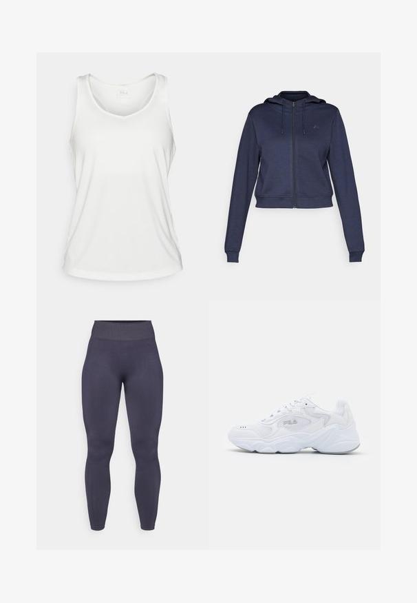 Navy blue cropped zip-up hoodie with long sleeves, adjustable drawstring hood, and subtle logo on the chest.; White sleeveless sports tank top with a V-neck and a small FILA logo on the inner back collar, displayed flat.; High-waisted, form-fitting leggings in dark gray with a textured, ribbed waistband and smooth fabric. Features a seamless design and no visible hardware.; White athletic shoe with a textured mesh upper, padded collar, and chunky sole. Features a logo on the side and lace-up closure.