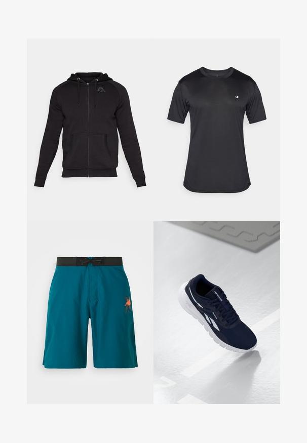 Kappa Jaka ar rāvējslēdzēju - black; Melna īsām piedurknēm sporta krekls, izgatavots no tekstūras, elpojoša auduma; ar apaļu kakla izgriezumu un logotipu uz kreisā krūšu.; Tirkīza peldkostīmi izgatavoti no viegla materiāla. Iespējas: melns elastīgs jostasvīrs ar auklu un oranžs logo kreisajā pusē.; Jūras spēku sporta apavi ar teksturētu virsu, baltām akcentiem un ar mīkstu zoli. Iezīmēts ar auklu dizainu un logotipu uz mēles.