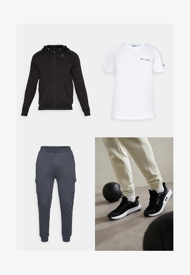 Kappa Mikina na zip - black; Bílá bavlněná tričko s kulatým výstřihem, krátkými rukávy a černě vyšitým logem "Champion" na hrudi a akcentem na rukávu.; Tmavě šedé tepláky vyrobené z měkké látky, s tapered nohavicemi a bočními kapsami na cargo s klopovými uzávěry. Součástí je elastický pás.; Černé sportovní boty s bílou podrážkou, s texturovaným vrškem a šněrovacím systémem. V doprovodu krémových tepláků a černého basketbalového míče.