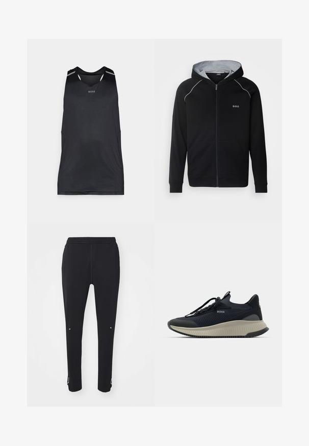 Juodas zip-up džemperis su pilku vidiniu gobtuvu. Yra kontrastingos siūlės, priekinės kišenės ir mažas logotipas ant krūtinės.; Juodas sportinis tanko marškinėlis, pagamintas iš lengvos medžiagos, su apvaliu iškirpimu, perforuotu tekstūru ir toniniais akcentais ant pečių.; Juodos treniruotės kelnės su elastinga juosmens juosta, siaurėjantis dizainas, kokybiški siūlai ir atšvaitinės detalės šonuose bei apykaklėje.; Juoda sportinė avalynė su struktūrizuota tinklelio viršumi, toniniais raišteliais ir kontrastuojančia pilka guma. Yra subtili ženklinimo detalė ir patekta dizaino elegancija.