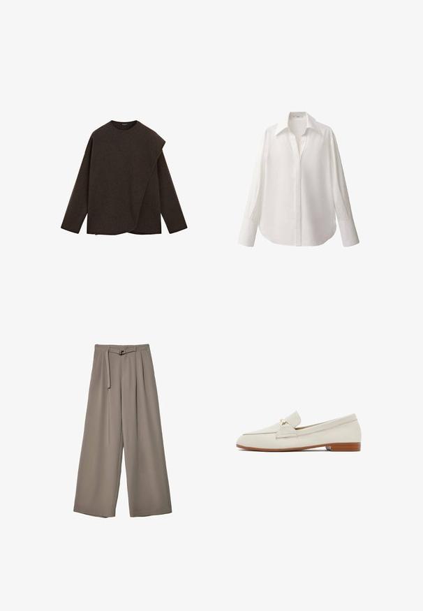 Pull long à manches longues brun foncé avec un col rond et un design de panneau avant superposé asymétrique.; Chemise blanche à manches longues en tissu lisse, avec un col classique, une fermeture par boutons sur le devant et un ourlet légèrement incurvé.; Pantalons évasés en tissu gris doux et muted, avec une taille ceinturée et des plis pour un détail de design supplémentaire. Texture lisse, sans motifs.; Mocassins en cuir crème avec une semelle plate marron. Présente un rabat à l'avant et un petit accent doré sur le côté. Texture lisse, design minimal.
