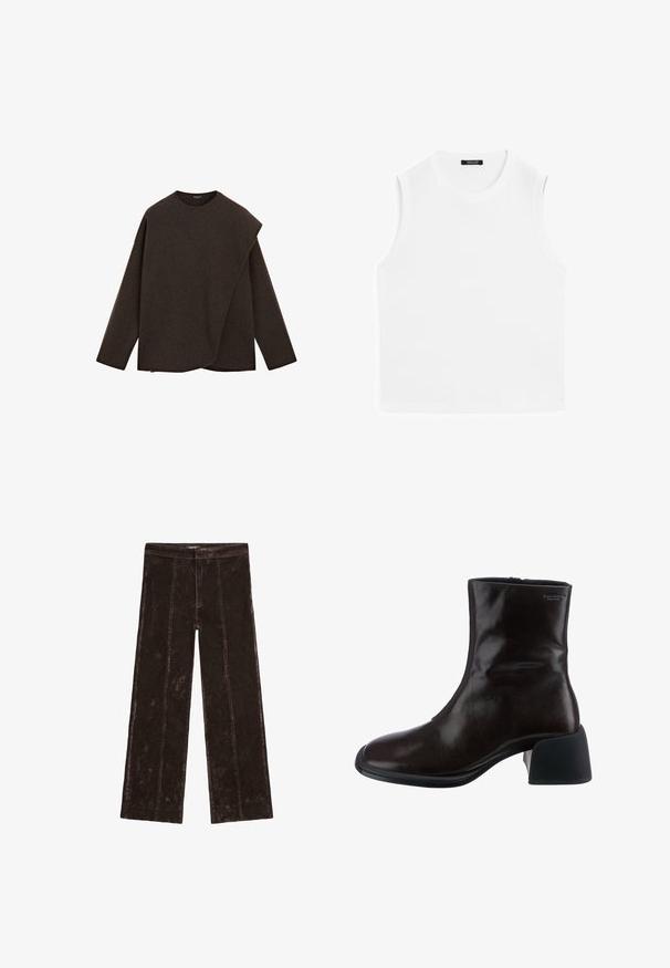 Mörkbrun långärmad tröja med rund hals och asymmetrisk överlappande frampanel.; Vit ärmlös topp i mjuk tyg; har en rundad halsringning och rak skärning, utan ytterligare mönster eller utsmyckningar.; Vidbyxlade byxor i mörkbrun, med beskedlig känsla av mocka, vertikala sömmar och ett elastiskt midjeband för komfort.; Vagabond ANSIE - Stövletter - braun