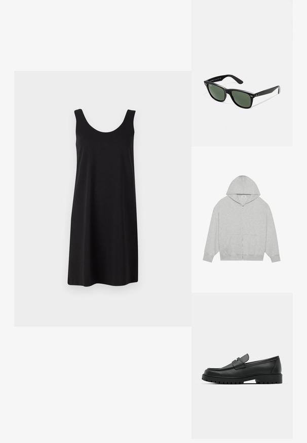 YOURTURN SCUBA ZIP UNISEX - Mikina na zip - mottled light grey; Černé bezramínkové šaty s kulatým výstřihem, vyrobené z hladké látky, s rovnou siluetou a délka po kolena.; Černé kožené mokasíny s kulatou špičkou, zdobené prošitím, s nízkou platformou a texturovanou gumovou podrážkou s drážkováním.; Černé plastové sluneční brýle se zelenými skly, čtvercové obroučky, stříbrný detail na obočí a texturované stranice. Značka uvedená na vnitřní straně stranic.