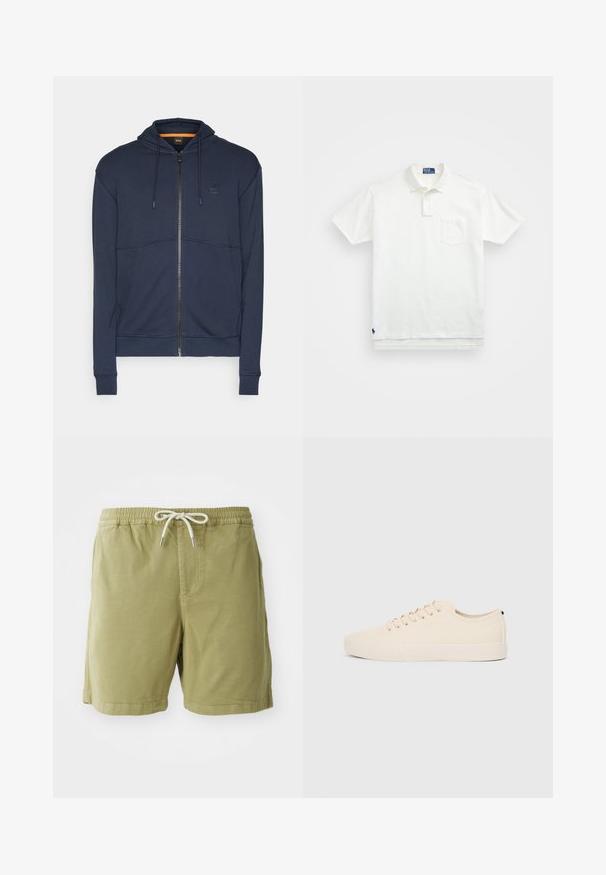 Sötétkék cipzáras kapucnis pulóver, puha anyagból készült, húzózsinórral ellátott kapucnival, texturált varrásokkal és egy kis logókával a mellen.; Fehér pólóing, pamutból készült, klasszikus gallérral, háromgombos végigfutóval és bal oldali zsebével; kis logó a szegélyen.; NN.07 GREGOR - Rövidnadrágok - green; Beige vászon sportcipők, kerek orral, lapos gumi talppal és fűzős elejével. Minimális dizájnnal rendelkezik, és kontrasztos fekete akcentussal a saroknál.