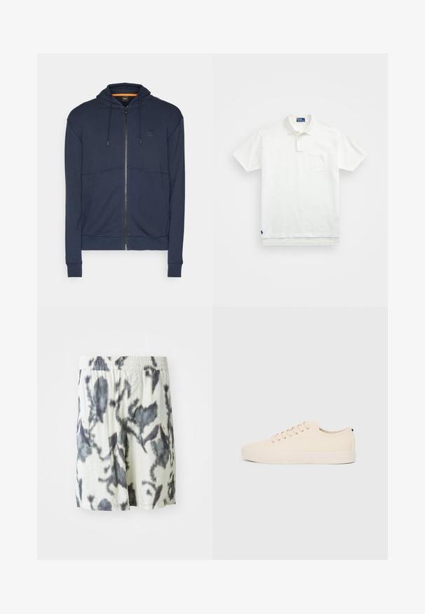 Tummansininen vetoketjuhuppari, joka on valmistettu pehmeästä kankaasta. Siinä on kiristettävä huppu, tekstuuriset saumat ja pieni logopatch rinnan kohdalla.; Valkoinen puuvillapaita, jossa on klassinen kaulus, kolmen napin malli ja vasemmalla rintatasku; pieni logo helman kohdalla.; Valkoiset shortsit, joissa on musta tummanharmaa kuvio, varustettuna elastisella vyötäröllä ja hengittävällä kankaalla mukavuutta varten. Rentouttava muotoilu, jossa on väljä istuvuus.; Beige kankaan tennarit pyörävarvalla, littealla kumipohjalla ja nauhakiinnityksellä. Minimalistinen muotoilu ja kontrastivärinen musta yksityiskohta kantapäässä.