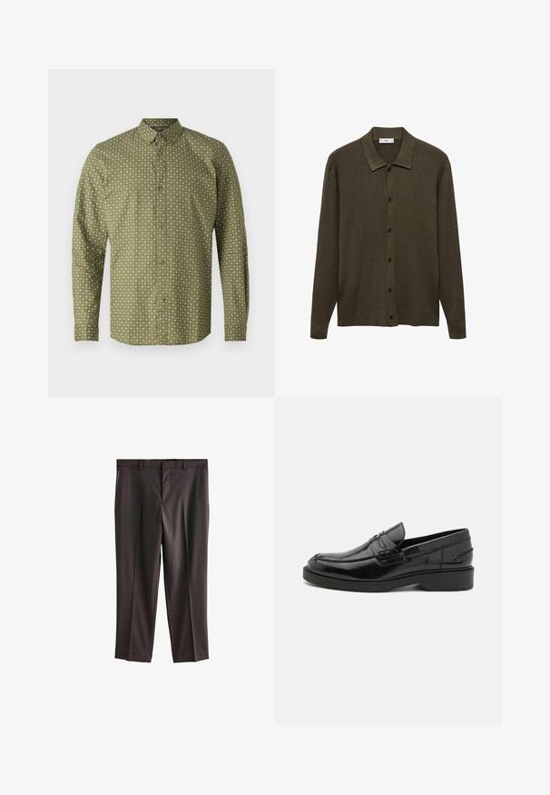 Tmavozelený kardigán vyrobený z rebrového úpletu. Má zapínanie na gombíky, špicatý golier a dlhé rukávy.; Zelená košeľa s dlhými rukávmi a golierom, ktorá má biely vzor s plus znakmi a hnedé gombíky pozdĺž prednej strany. Hladká textura.; Tmavohnedé nohavice s rovným predným dizajnom, dvoma bočnými vreckami, upraveným strihom a hladkou textúrou látky. Štandardný pás s pútkami na opasok.; Čierne kožené mokasíny s hladkým povrchom, zaoblenou špičkou, nízkym podpätkom a dekoratívnym prešívaním na prednej strane. Gumová podrážka pre lepšiu priľnavosť.