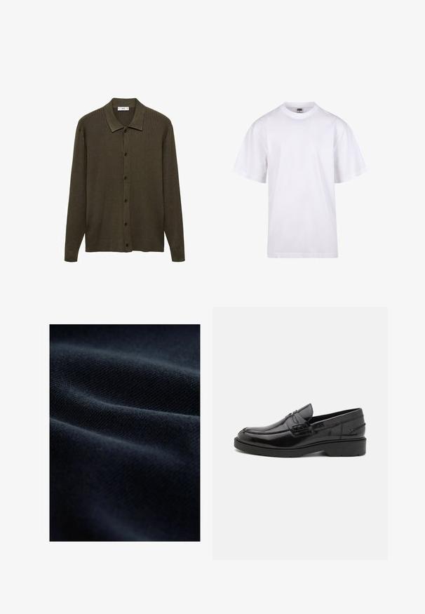 Tmavě olivově zelený cardigan vyrobený z úpletu s jemným ribovým vzorem. Má zapínání na knoflíky, špičatý límec a dlouhé rukávy.; Bílé bavlněné tričko s kulatým výstřihem, krátkými rukávy a volným střihem. Má jednoduchý design bez vzorů nebo akcentů.; Námořnická látka s texturovanou vazbou, která vykazuje jemné záhyby a hladký povrch, odrážející světlo jemným způsobem.; Černé kožené mokasíny s hladkým povrchem, kulatou špičkou, nízkým podpatkem a dekorativním šitím na přední straně. Gumová podrážka pro lepší přilnavost.