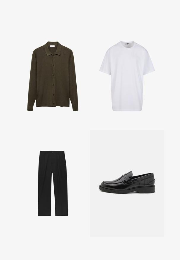 Tmavozelený kardigán vyrobený z rebrového úpletu. Má zapínanie na gombíky, špicatý golier a dlhé rukávy.; Biela bavlnená tričko s krátkymi rukávmi, okrúhlym výstrihom, uvoľneným strihom a žiadnymi viditeľnými logami alebo vzormi. Hladká textúra a minimálny dizajn.; Čierne nohavice s rovnými nohavicami, vyrobené z hladkej tkaniny. Majú predné puky a jediné gombíkové zapínanie v páse.; Čierne kožené mokasíny s hladkým povrchom, zaoblenou špičkou, nízkym podpätkom a dekoratívnym prešívaním na prednej strane. Gumová podrážka pre lepšiu priľnavosť.