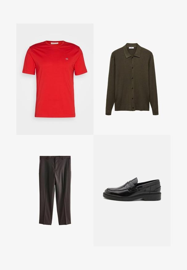 Temno olivno zelena kardigan iz rebraste pletenine. Ima zapenjanje s spr fronto, usnjeni ovratnik in dolge rokave.; Rdeča bombažna majica s kroženim ovratnikom, kratkimi rokavi in majhnim modrim logotipom na levi prsni strani. Gladka tekstura, sproščen stil.; Temno rjave hlače z ravnim sprednjim delom, dvema stranskima žepoma, krojem po meri in gladko teksturo tkanine. Standardni pas z zankami za pas.; Črne usnjene loaferje z gladko površino, zaobljenim nosom, nizko peto in dekorativnim šivom spredaj. Guma na podplatu za boljši oprijem.