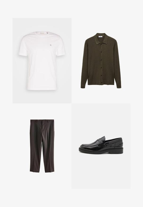 Cardigan en verde oliva oscuro hecho de tejido de punto acanalado. Presenta un cierre de botones en la parte delantera, cuello puntiagudo y mangas largas.; Camiseta de algodón blanca con cuello redondo, mangas cortas y un pequeño logo bordado en el pecho. Textura suave, diseño simple.; Pantalones de vestir marrón oscuro con un diseño de frente plano, dos bolsillos laterales, corte entallado y textura de tela suave. Cintura estándar con trabillas para cinturón.; Mocasines de cuero negro con un acabado suave, punta redondeada, tacón bajo y costura decorativa en la parte delantera. Suela de goma para mayor agarre.