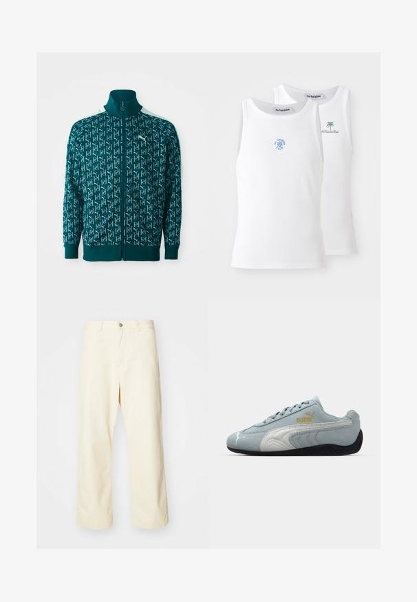 Teal zip-up jacket featuring a repeating logo pattern, ribbed collar and cuffs, with white accents along the shoulders.; Two white tank tops, ribbed texture, featuring blue and green embroidered logos. One has a sun design, the other a palm tree.; Cream-colored, wide-leg pants made of cotton with a button closure, belt loops, and stitched hem. Smooth texture, no visible patterns.; Light blue suede sneaker with white accents, textured side design, black rubber sole, and gold logo. Designed for casual wear.