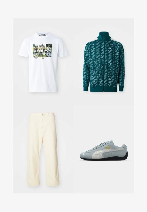 Tirkīza krāsas zip-up jaka ar atkārtotu logotipa rakstu, ribotām apkaklēm un aprocēm, kā arī baltām akcentiem plecu rajonā.; Balts kokvilnas T-krekls ar krāsainu grafisko apdruku, kurā attēloti figūras parkā, un frāze "WEEKEND OFFENDER" bieza melnā burtnīcā.; Kremkrāsas, platās kājas bikses no kokvilnas ar pogu aizdari, jostu cilpām un izšūtu malu. Gluda tekstūra, nav redzamu rakstu.; Gaiši zili zamšaini sporta apavi ar baltām akcentēm, teksturēts sānu dizains, melna gumijas zole un zelta logo. Izstrādāti ikdienas valkāšanai.