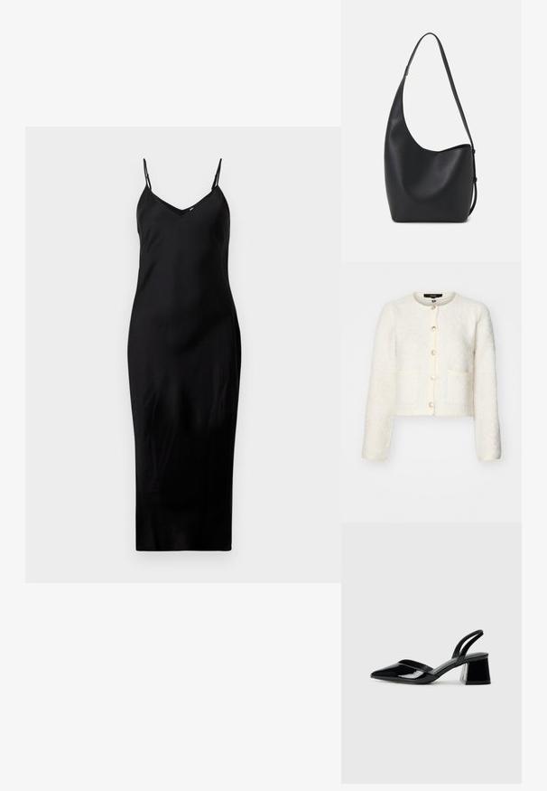 Bela teksturirana skrajšana jopica z okroglim izrezom, petimi gumbi za zapiranje, dvema sprednjima žepoma in rahlo napihnjenimi rokavi.; Črna brezrokavna midi obleka z tankimi spaghetti naramnicami in V-izrezom, prikazana na enobarvni beli podlagi.; Črne lakirane slingback pete s koničastim nosom in geometrijsko blokasto peto. Imajo eleganten, minimalističen dizajn in gladko teksturo.; Črna usnjena hobo torba z gladko teksturo, ukrivljeno obliko in eno nastavljivo naramnico; ima širok odprtina na vrhu.