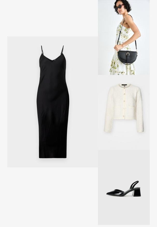 Valge tekstuuriga lühike kardigan ümmarguse kaelusega, viie nupu sulgemine, kaks eesmist taskut ja veidi puffis varrukad.; Mustmusteta midi kleit õlgadeta, õhnade rihmadega ja V-dekolteega, esitleb neid lihtsal valgel taustal.; Mustad musta lakknahk kingad, millel on terav varvas ja geomeetriline plokkkonts. Omab elegantselt minimalistlikku disaini ja sujuvat tekstuuri.; Mustmust mustraha kõverate joontega, eemaldatava rihmaga ja kuldsete detailidega. Kotil on klapp, millel on pandladetail.