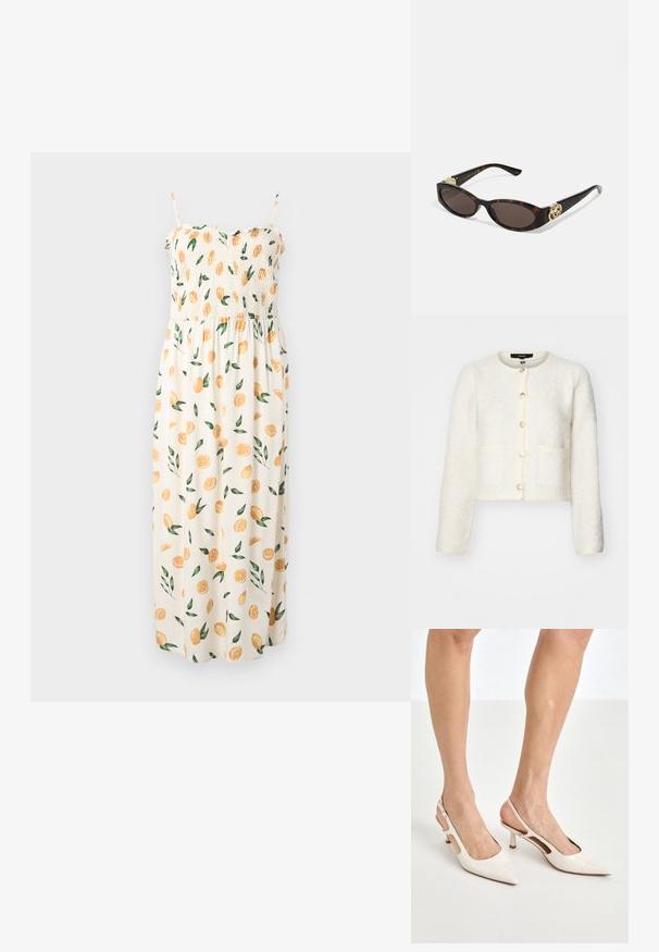 White textured cropped cardigan with round neckline, five button closure, two front pockets, and slightly puffed sleeves.; Maxi dress with a smocked bodice, spaghetti straps, and a cream background, featuring a pattern of orange slices and green leaves.; Beige patent leather slingback heels with a pointed toe and 5 cm heel, featuring cut-out sides and a thin ankle strap.; Tortoiseshell sunglasses with elongated oval lenses, brown tint, gold logo accents on temples, and sleek black arms.