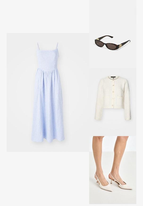 Balta tekstūruota trumpa megztinė su apvaliu iškirpimu, penkių mygtukų uždarymu, dviem priekinėmis kišenėmis ir šiek tiek pūstomis rankovėmis.; Mėlynos dryžuotos maksi suknelė su plonomis petnešėlėmis, susikaupusiu liemeniu ir plazdančiu sijonu. Pagaminta iš lengvos medžiagos su švelniu tekstūra.; Šviesiai pilkos, lakuotos odos slingback aukštakulniai su smailiu noseliu ir 5 cm kulnu, su išpjovomis šonuose ir plona kulkšnies juostele.; Tortoise kiaurinių saulės akinių su pailgomis ovalo formos lęšiais, rudos spalvos atspalviu, auksinėmis logotipo detalėmis ant šakelių ir elegantiškais juodais rankenėlėmis.