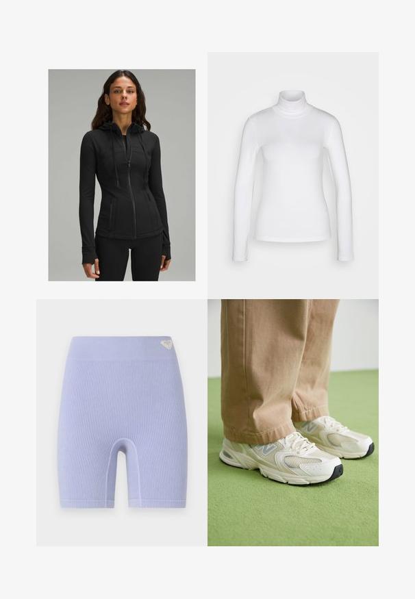 lululemon DEFINE HOODED NULU™ - Užtrauktuku užsegamas treningas - black; Balta ilgomis rankovėmis turtleneck marškinėliai, pagaminti iš lygaus, tamprių audinių. Turi aptemptą siluetą ir aukštą apykaklę. Nėra matomų raštų ar akcentų.; Grubliai lavandiniai dviratininkų šortai su aukštu juosmeniu. Savybės: mažas logotipo akcentas kairiajame viršutiniame šone. Paprastas, laisvas prigludimo dizainas.; Smėliniai orui pralaidūs ir sintetiniai sportbačiai su balta sola, su raišteliais ir pilku logotipu, prieš žalią foną.