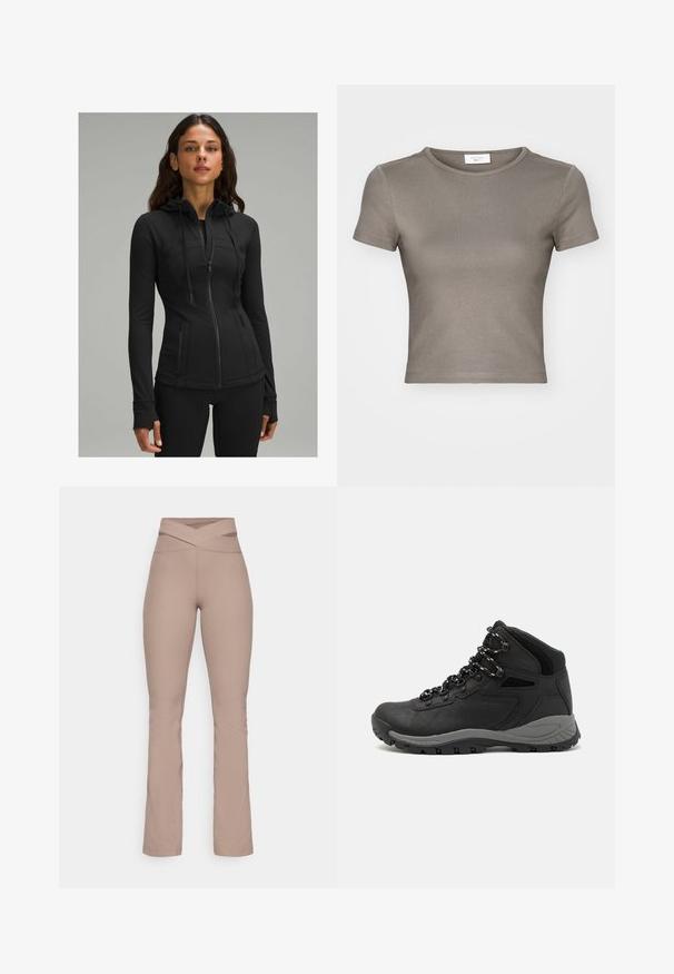 lululemon DEFINE HOODED NULU™ - Športna jopa s kapuco na zadrgo - black; Kratkotonasta majica s kratkimi rokavi in okroglim izrezom v taupe barvi, izdelana iz gladkega bombaža. Značilnosti vključujejo oprijet kroj in fino šivanje ob robu ter rokavih.; Bež ženske hlače s širokimi nogavicami in visokim prečnim pasom. Gladka tekstura in oblikovan kroj, ki se zožuje od kolena do robu. Vidni šivi.; Črne pohodniške čevlje z srednje visokim dizajnom, ki imajo teksturirano zgornji del, sivi dodatki in vzdržljiv gumen podplat s protizdrsnimi izboklinami.