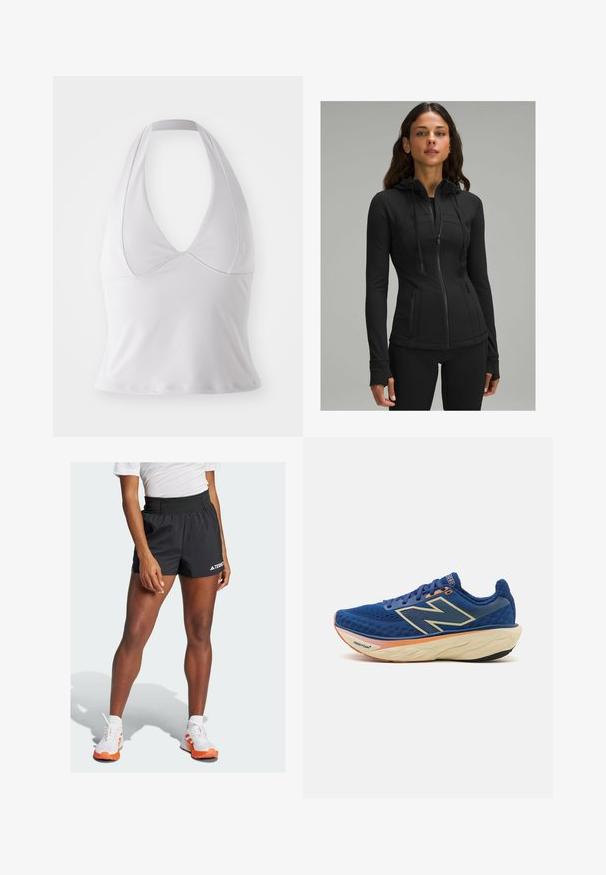 lululemon DEFINE HOODED NULU™ - Mikina na zip - black; Bílé halter top vyrobené z hladkého materiálu, s hlubokým výstřihem do V a přiléhavým střihem, bez dalších vzorů nebo kovových prvků.; Černé sportovní šortky s širokým pasem, s nápisem "TERREX" a logem Adidas. V kombinaci s bílými botami s oranžovými akcenty.; Modrá běžecká bota s prodyšným síťovaným svrškem, polstrovaným límcem a polstrovanou podrážkou s oranžovým akcentem. Viditelné logo "Fresh Foam".
