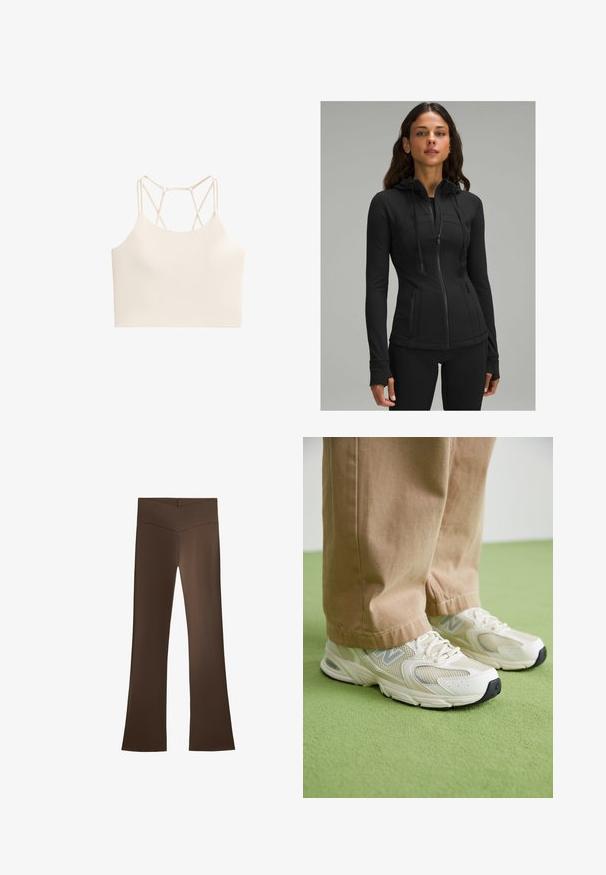 lululemon DEFINE HOODED NULU™ - Tröja med dragkedja - black; Ljus beige sport-bh med en slät textur, som har en korslagd remdesign på ryggen och en beskuren silhuett.; Bruna utsvängda byxor med hög midja som har en korsdesign. Tillverkade av ett mjukt, elastiskt material för komfort och passform.; Beige nät- och syntetiska sneakers med en vit sula, med snörning och en grå logodetalj, mot en grön bakgrund.