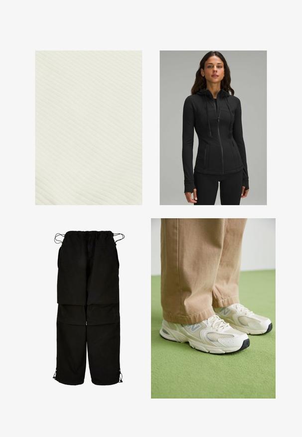 lululemon DEFINE HOODED NULU™ - Sudadera con cremallera - black; Tejido de ribetes color crema claro con una textura suave, que presenta líneas horizontales creando un patrón sutil. El material parece ligero y flexible.; Pantalones negros hechos de una tela ligera, con una cintura ajustable y bajos con cordones. Diseñados con un corte holgado y oversized, y múltiples bolsillos.; Zapatillas de malla y sintéticas en color beige con suela blanca, que cuentan con cordones y un detalle del logo en gris, sobre un fondo verde.