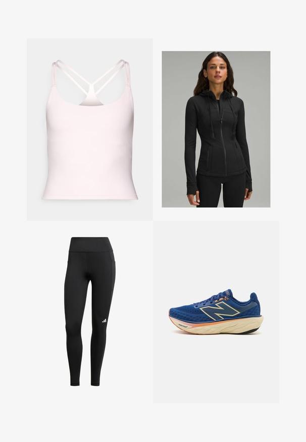 lululemon DEFINE HOODED NULU™ - Lukuga pusa - black; Fabletics PRINCIPAL BUILT IN BRA TANK - Topp - sugar pink; Mustad mustriga säärised kõrge vöökoha ja veniva kangaga; küljes on tasku ja hemist lähedal väike valge logo.; Sinine jooksutoss, millel on hingav võrgusilma ülemine osa, pehmendatud krae ja pehmendusega tallad, millel on oranž aktsent. "Fresh Foam" brändimisega.