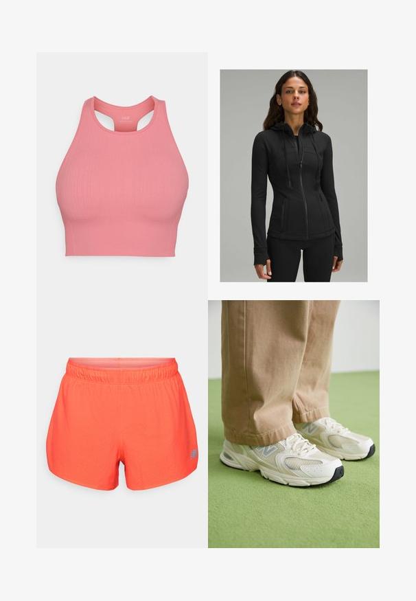 lululemon DEFINE HOODED NULU™ - Sweatjakke - black; Rosa ribbet sports-bh med høj hals og racerback-design. Lavet af strækbart stof for komfort og støtte. Ingen synlig hardware.; Herre løbeshorts i lys koral, lavet af åndbart stof med perforeret tekstur. Har en elastisk talje og en blå logoaccent.; Beige mesh- og syntetiske sneakers med en hvid sål, prydet med snørebånd og en grå logo detalje, på en grøn baggrund.