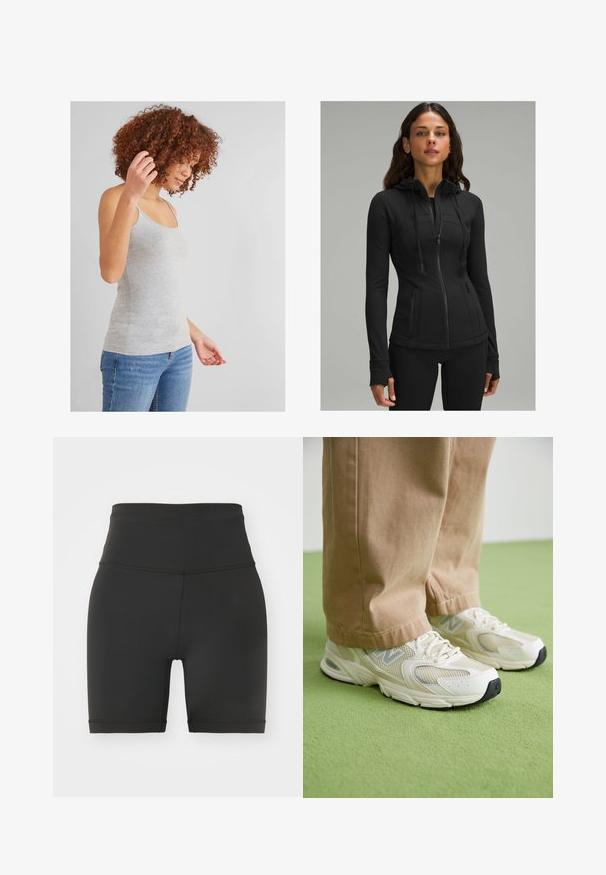 lululemon DEFINE HOODED NULU™ - Sweat zippé - black; Débardeur en coton gris avec des bretelles fines, au design ajusté et à la texture lisse, associé à un jean en denim bleu. Style simple et polyvalent.; Shorts de cyclisme noirs taille haute en tissu extensible, avec une texture lisse, un design ajusté et des bords ourlés. Pas de motifs ou d'accents visibles.; Baskets en maille beige et synthétique avec une semelle blanche, dotées de lacets et d'un détail de logo gris, sur fond vert.