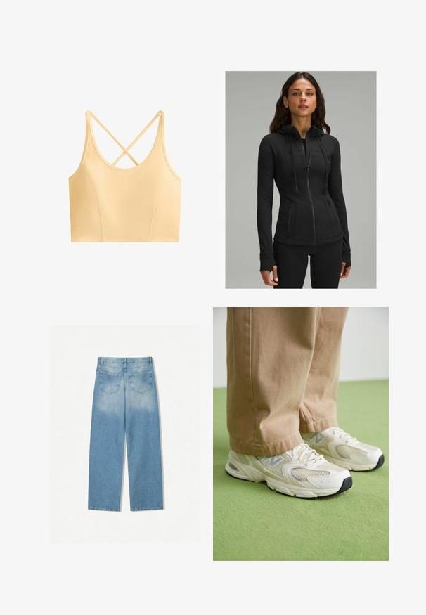 lululemon DEFINE HOODED NULU™ - Bluză de molton cu fermoar - black; OYSHO EVERMOVE - Top - yellow; Jeans din denim albastru deschis cu un design drept, având două buzunare pe spate și o textură ușor decolorată în secțiunile superioare.; Adidași din plasă bej și material sintetic cu talpă albă, având șireturi și un detaliu al logo-ului gri, pe un fundal verde.