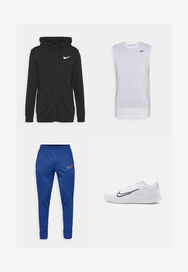 Schwarze zip-up Kapuzenjacke aus weichem Stoff, mit einer Fronttasche, verstellbarem Kordelzug an der Kapuze und einem weißen Nike-Logo auf der Brust.; Weißes ärmelloses Sportshirt aus leichtem Material. Verfügt über einen runden Ausschnitt und ein kleines schwarzes Nike-Logo oben links.; Blaue Sporthose aus glattem Stoff, mit einem elastischen Bund und einem kleinen orangefarbenen Nike-Logo am linken Oberschenkel.; Weiße Sportschuhe mit einem Obermaterial aus Mesh und strukturierten Details, versehen mit einem schwarzen Swoosh-Logo an der Seite und einer gepolsterten weißen Sohle.