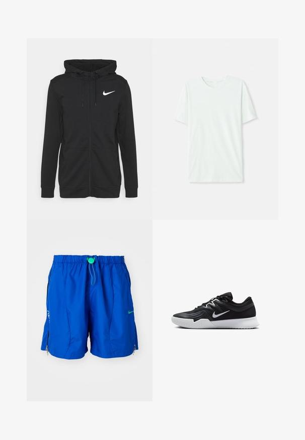 Zwarte rits hoodie van zachte stof, met een voorvak, verstelbare trekkoordkap en een wit Nike-logo op de borst.; Licht mintgroen T-shirt met korte mouwen, gemaakt van zachte stof. Het heeft een ronde halslijn en een simpele, rechte snit zonder versieringen.; Blauwe sportieve zwembroek met elastische tailleband en verstelbaar trekkoord. Voorzien van ritszakken en een logo-accent aan de voorkant.; Zwarte sportieve schoen met een gestructureerde bovenkant, witte Nike swoosh en een witte rubberen zool. Beschikt over een veterontwerp en een dynamische vorm.
