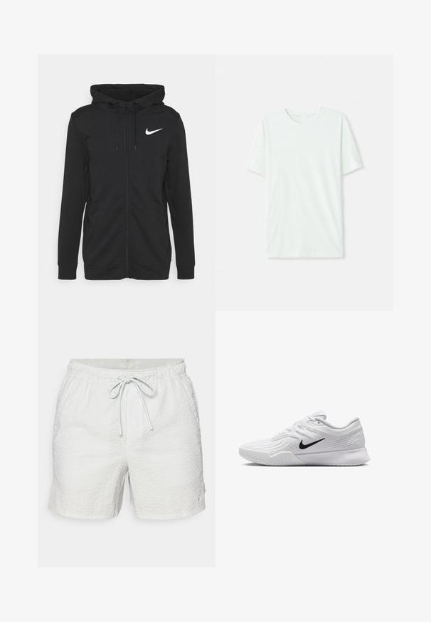 Zwarte rits hoodie van zachte stof, met een voorvak, verstelbare trekkoordkap en een wit Nike-logo op de borst.; Licht mintgroen T-shirt met korte mouwen, gemaakt van zachte stof. Het heeft een ronde halslijn en een simpele, rechte snit zonder versieringen.; Witte zwembroek met een textuurstof, elastische tailleband en verstelbare sluiting. Bevat een klein logo accent.; Witte sportieve schoen met textuur in het mesh bovenwerk, zwarte Nike swoosh, gevoerde kraag en rubberen zool met een profielpatroon.