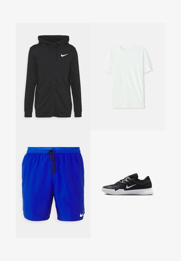 Schwarze zip-up Kapuzenjacke aus weichem Stoff, mit einer Fronttasche, verstellbarem Kordelzug an der Kapuze und einem weißen Nike-Logo auf der Brust.; Helles mintgrünes T-Shirt mit kurzen Ärmeln aus weichem Stoff. Es hat einen Rundhalsausschnitt und einen schlichten, geraden Schnitt ohne Verzierungen.; Blaue Laufshorts mit einem elastischen Bund, der eine schwarze Kordel zieht, zwei vorderen Taschen und einem weißen Nike-Logo-Akzent. Glatte Stofftextur.; Schwarzer Sportschuh mit strukturiertem Obermaterial, weißem Nike-Warenzeichen und einer weißen Gummisohle. Verfügt über ein Schnürdesign und eine dynamische Form.