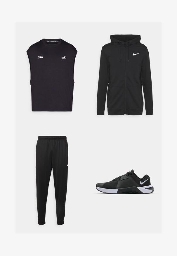 Sudadera con cremallera negra hecha de tejido suave, que cuenta con un bolsillo frontal, capucha ajustable con cordón y un logo de Nike en blanco en el pecho.; Camiseta sin mangas negra hecha de tejido suave, con el logotipo "CNZ" en blanco y un gráfico estilizado en la parte delantera, cuello redondo y corte relajado.; Pantalones deportivos negros de tejido suave, con cintura elástica, perneras ajustadas y un pequeño logotipo blanco en el lado izquierdo.; Nike Performance METCON 10 - Zapatillas de entrenamiento - black/white/anthracite