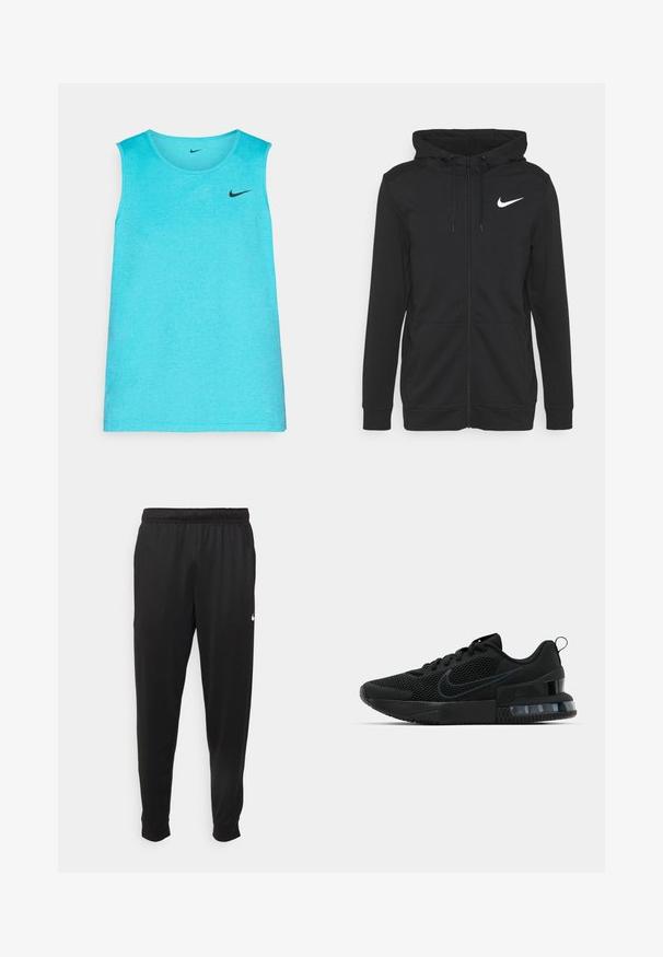 Zwarte rits hoodie van zachte stof, met een voorvak, verstelbare trekkoordkap en een wit Nike-logo op de borst.; Lichtblauw mouwloos sporttopje gemaakt van een gladde stof, met een zwart Nike-logo op de linkerborst en een ronde halslijn.; Zwarte sportbroek gemaakt van gladde stof, met een elastische tailleband, taps toelopende pijpen en een klein wit logo aan de linkerzijde.; Zwarte Nike sneakers met een bovenwerk van mesh, een gestructureerde zool en een zichtbare luchtunit in de hiel. Accenten en logo in een donkerdere tint zwart.