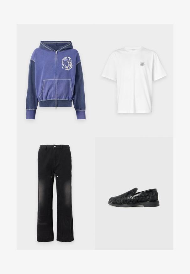 Un sweat à capuche zippé violet avec un graphique d'astronaute, doté de manches sombres contrastantes, d'une capuche avec cordon de serrage et de poches avant.; T-shirt blanc en coton avec des manches courtes, un col ras du cou et un petit logo gris sur la partie gauche de la poitrine. Texture lisse.; Evisu WORK PANT WITH KNEE PANELS AND DIACOCK INLAY - Jean boyfriend - black; Chaussure slip-on tissée noire avec un accent en cuir lisse sur le dessus, un design à bout rond et une semelle en caoutchouc à profil bas.