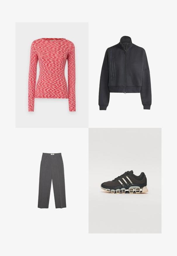 Korte zwarte rits-trui van zacht materiaal, met een hoge kraag, geribbelde manchetten en drie verticale strepen aan één kant.; Mads Nørgaard SPACE TUBA TEE - Longsleeve - multi red; Grijze rechte broek gemaakt van een gestructureerde stof, met een middelhoge taille, riemlussen en zijzakken. Geen zichtbare patronen of accenten.; Zwarte sportschoen met een gestructureerde bovenkant, drie zilveren strepen en een kenmerkende dempingszool met meerdere geïntegreerde secties.