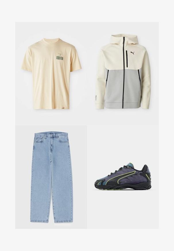 Puma capuchonjack met een crèmekleurig bovenstuk en een grijs onderstuk, voorzien van een rits aan de voorkant, twee zakken en zwarte logo-accenten.; Crème kleurige katoenen t-shirt met een ronde halslijn, korte mouwen en een grafische print op de linkerkant van de borst die een vintage televisie afbeeldt.; Lichtblauwe denim jeans met een recht model, voorzien van een middelhoge taille, vijf zakken en een knoop- en ritssluiting.; Zwarte en paarse sportschoenen met een textuur bovenmateriaal, groene accenten en een rubberen zool met een golvend ontwerp. Vetersluiting.