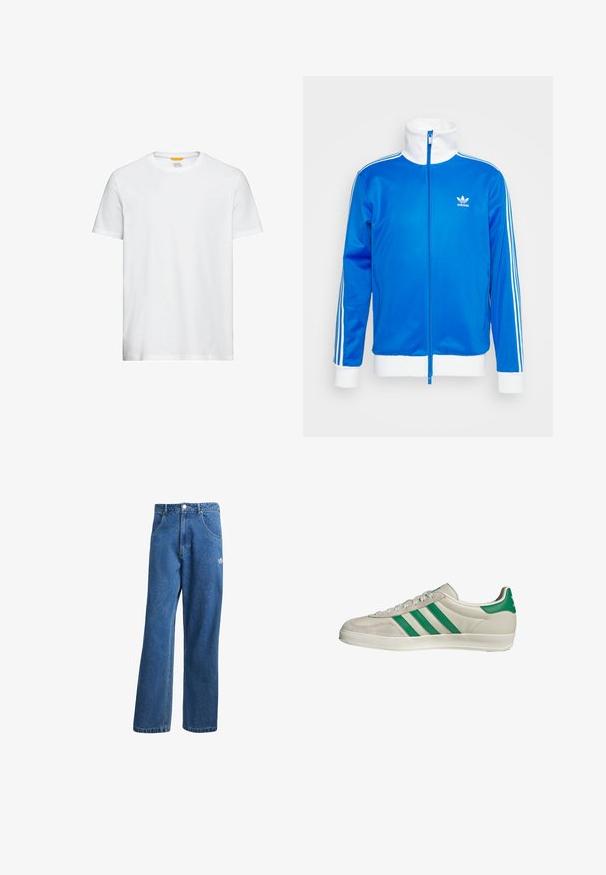 adidas Originals Sweatjacke - blue bird/white; Weißes Baumwoll-T-Shirt mit Rundhalsausschnitt, kurzen Ärmeln und kleinem Logo auf der Brust. Glatte Textur und klassischer Schnitt.; Blaue hohe, weite Jeans mit Fronttaschen, Gürtelschlaufen, Knopfverschluss und kleinem Adidas-Logo am rechten Oberschenkel.; Beige Sneaker mit grünen Streifen, ausgestattet mit einer weißen Sohle und einem Obermaterial aus glattem Leder. Seitenansicht, die die Schnürdetails und das Logo hervorhebt.